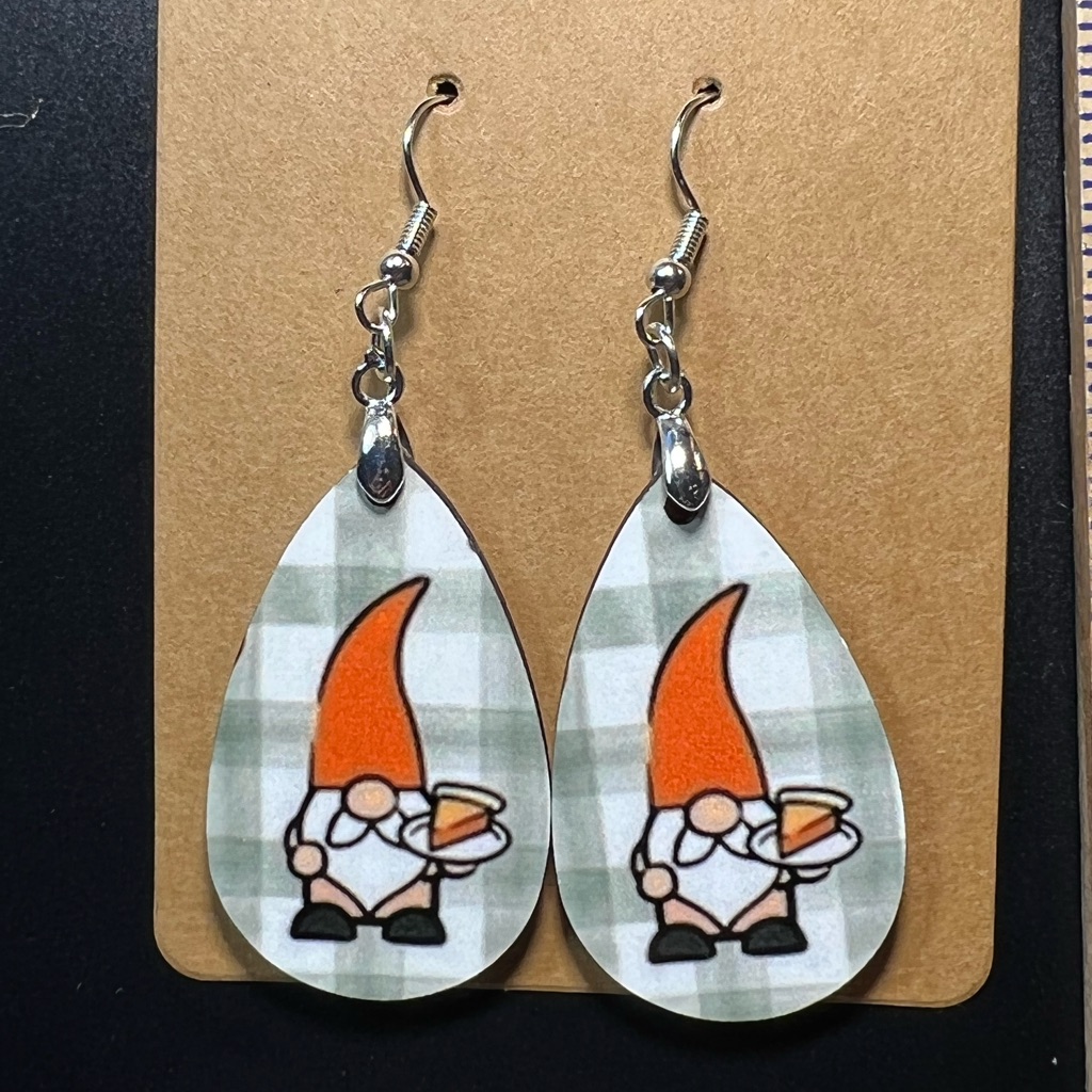 Thanksgiving Gnome Holding Pumpkin Pie Teardrop Earrings 8$
